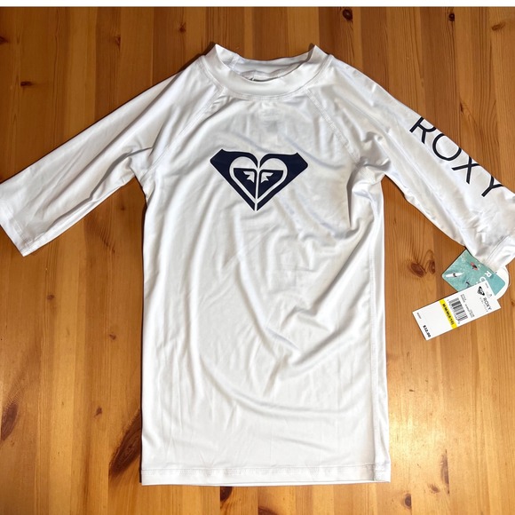 Roxy Girls' UPF 50+ Quarter Sleeve Swim Surf Shirt Size M(8/10) Bright White NWT - Picture 1 of 8